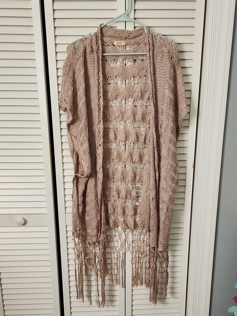 REI Taupe Crochet Fringe Open-Front Poncho